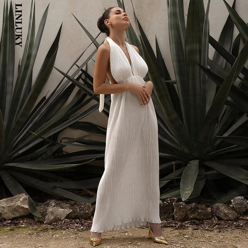 

Summer New Beach Vacation Sexy V-neck Dress For Women Loose Breathable Beautiful Back Strappy Dresses
