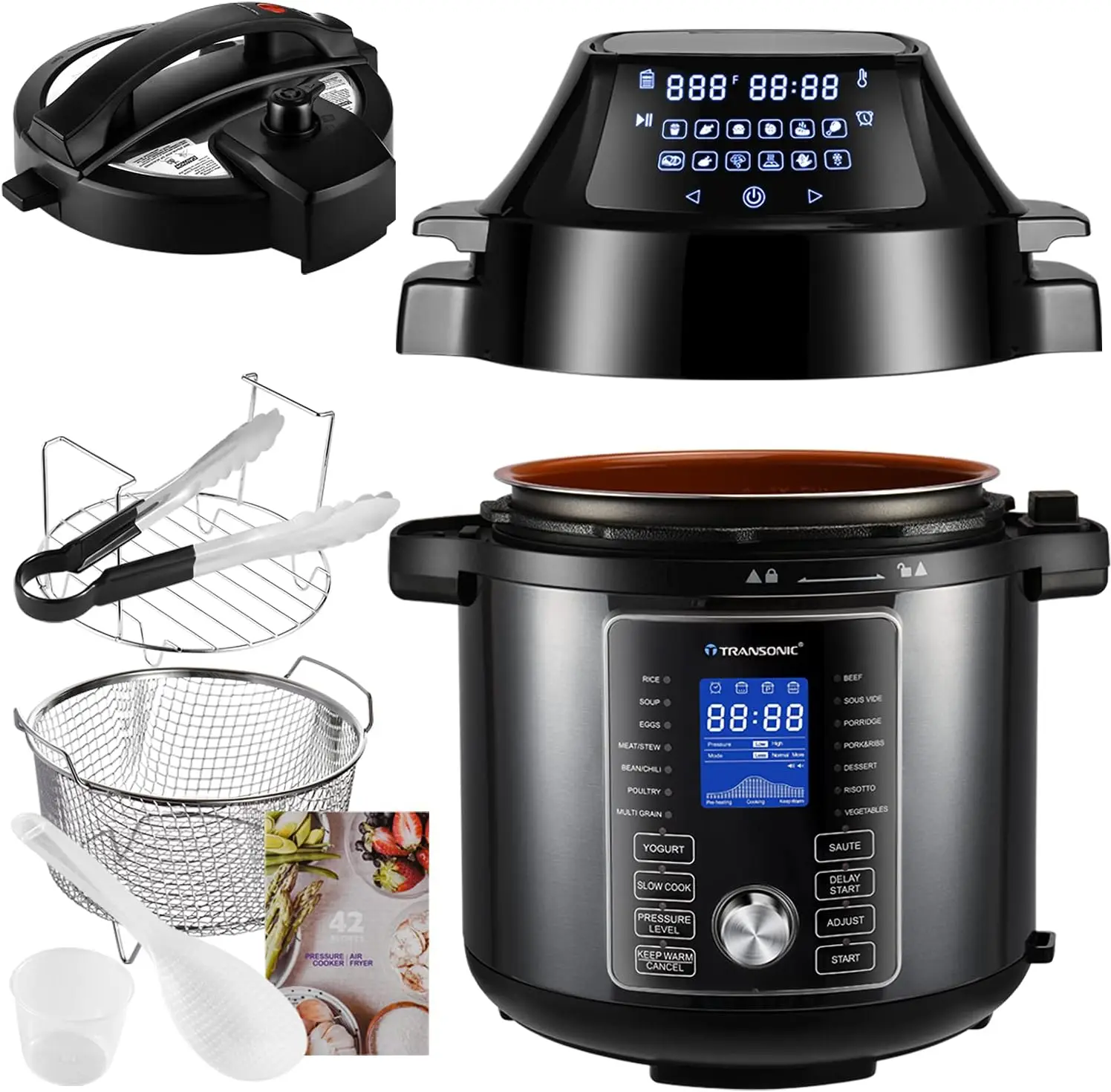 

OPA160 Pressure Cooker Air Fryer Combo, 6 Quart 1500W Multi Cooker , All in 1 Pressure Cooker with Air Fryer Lid, Large LED Disp