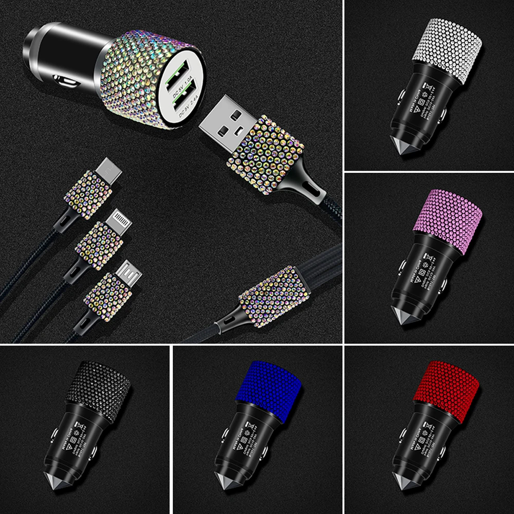 

Crystal Diamond Car USB Charger 5V 2.4A Three To One With Data Cable for iPhone Android Type-C Phone Car Accessories