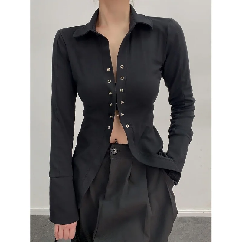 Feiernan Black Shirts for Women Tight Button Up Blouses Aesthetic Femme Punk Style Spring Summer 2022 Slim Cardigan Dark Clothes