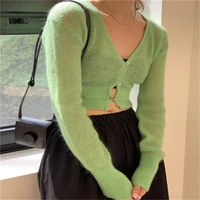 summer ins womens sweater cardigan cropped y2k sexy short knit top hollow out v neck korean fashion long sleeve top female clot