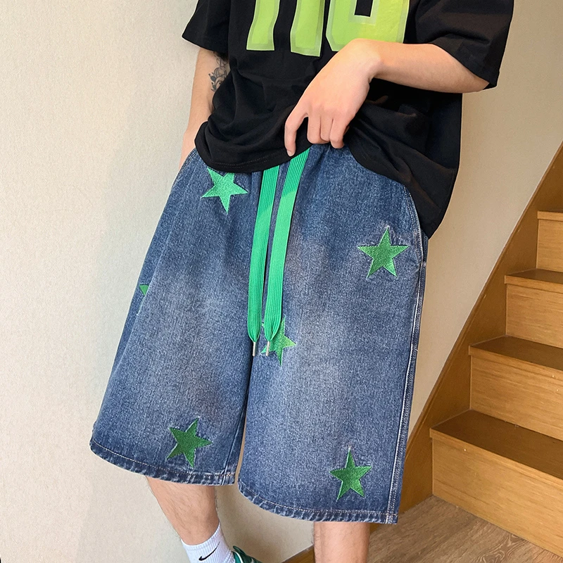 Джинсовые шорты с вышивкой эластичным поясом и кулиской для мужчин идеально