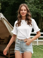 casual ruffled short sleeve loose summer t shirt women fashion solid plain round neck t shirts all match top ladies 2022