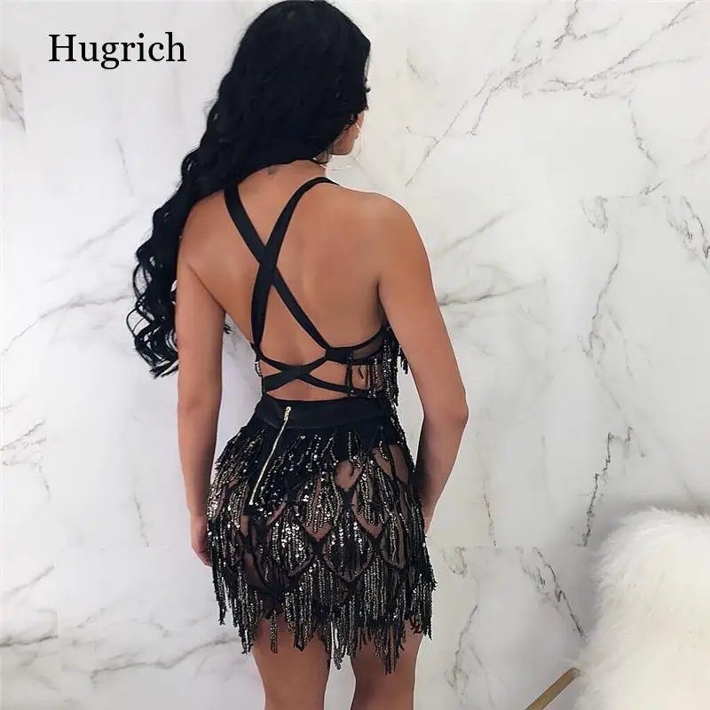 Блестящее платье с открытой спиной кисточками и блестками женское сексуальное
