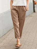 spring and summer new womens clothing womens large pockets solid color comfortable cotton linen casual pants straight trousers