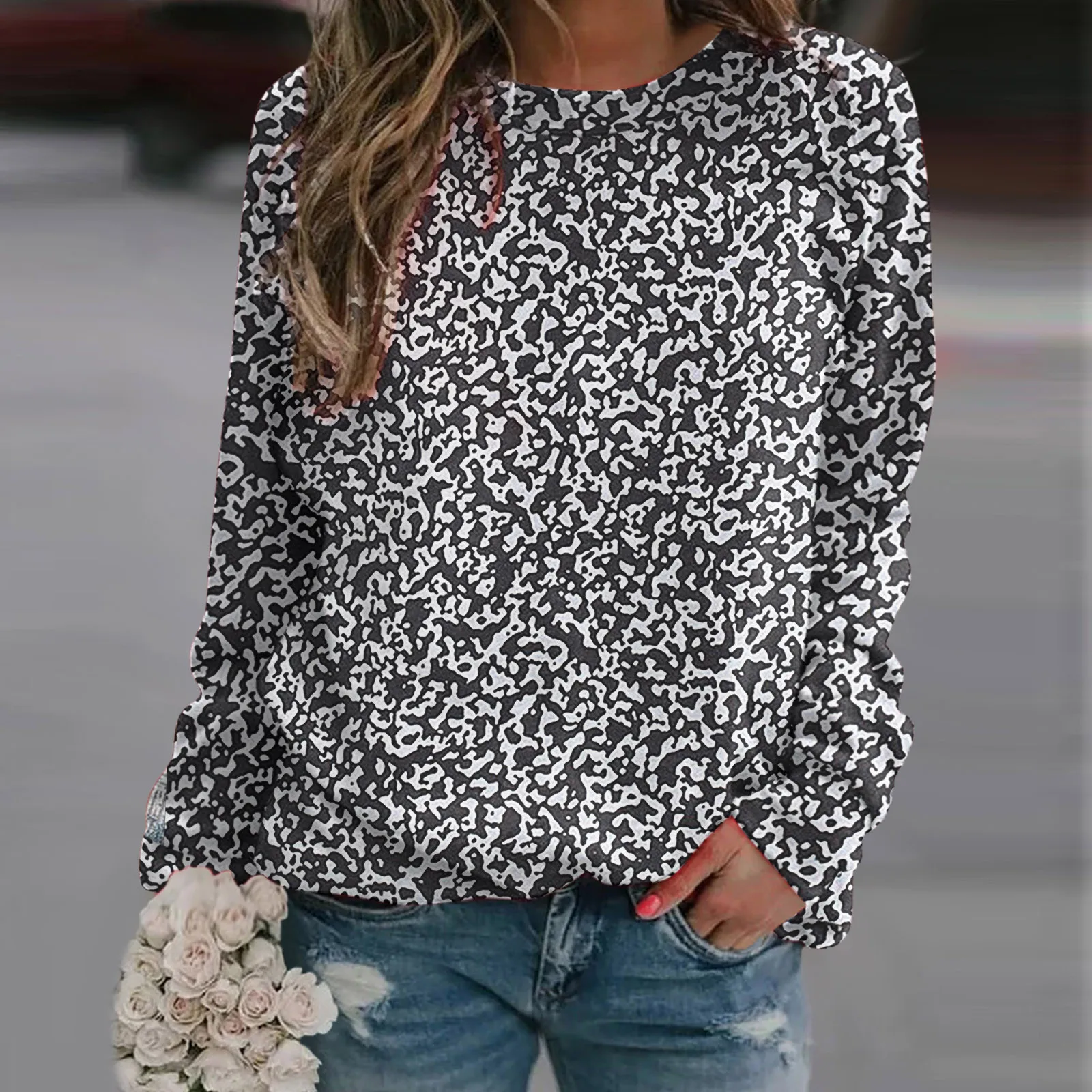 

Fleece with Sleeves Pullover Sweatshirt For Women Vintage Print Sweatshirt Long Sleeve Blouse Lightweight Apparel Short