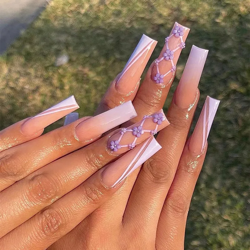 

JP1722 Extra Long Ombre French Tip Press on Acrylic Nails with Designs Coffin False Nails Set