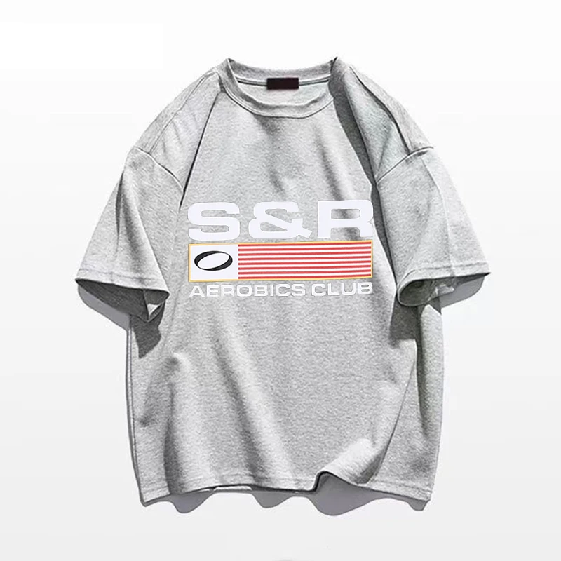 

American Retro Streetwear Casual Sports Tee High Quality Cotton Summer Daily Shirts Oversized Heavy T-shirt Men Short Sleeve
