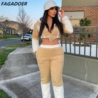 fagadoer fashion fleeced hoody two piece sets women zipper patchwork crop top and pants tracksuits fall winter matching outfits