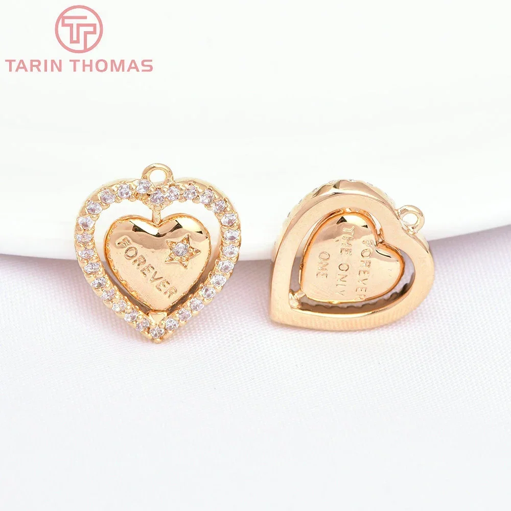 (7488) 2 шт. 11x12 мм 24-каратное золото латунь с цирконом подвески в форме сердца