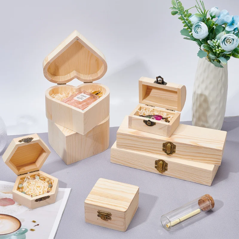 4Pcs New Heart Shape Wood Box Earring Ring Necklace Jewelry Storage Boxes Wedding Gift Cosmetic Organizer Case 12.7x13.25x7.05cm
