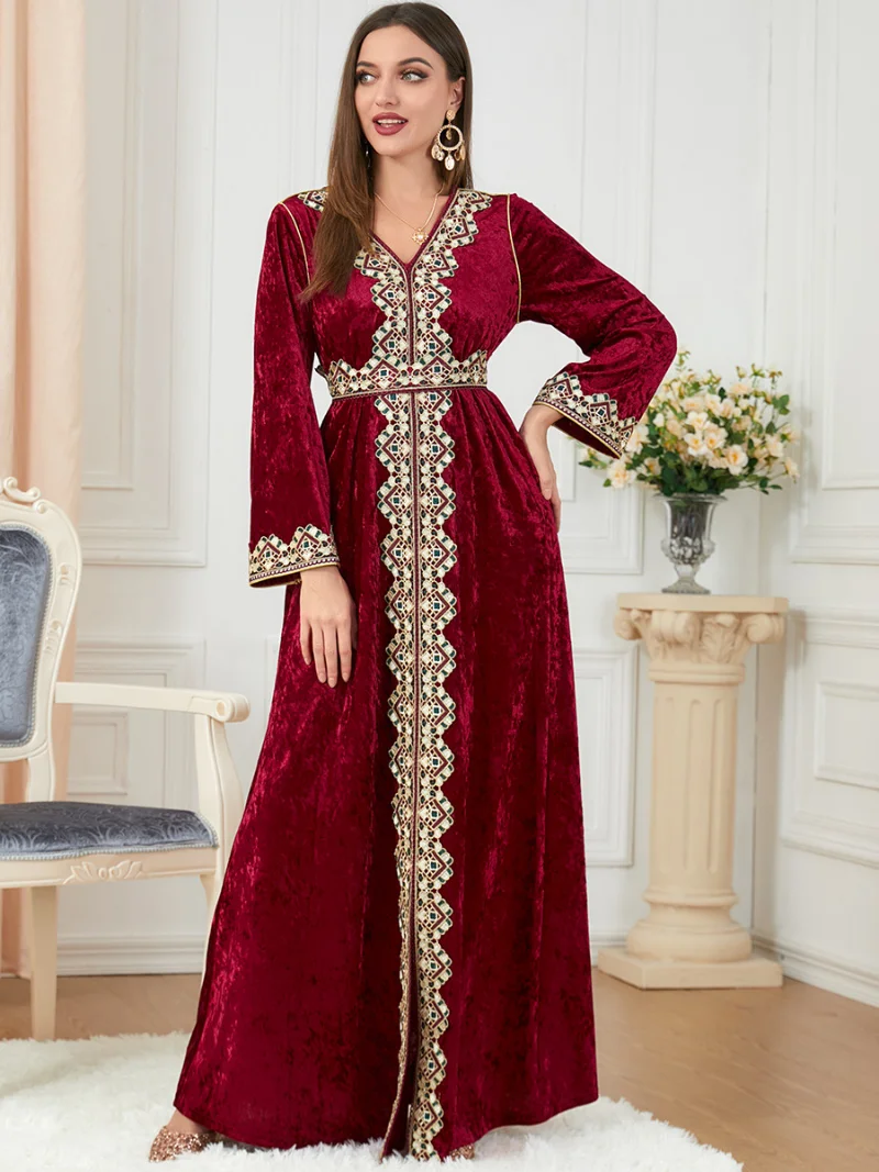 Floral Embroidery Guipure Lace Panel Belted Dress Moroccan Caftan Woman Luxury Velvet Abayat Turkey Muslim Abaya  Dubai