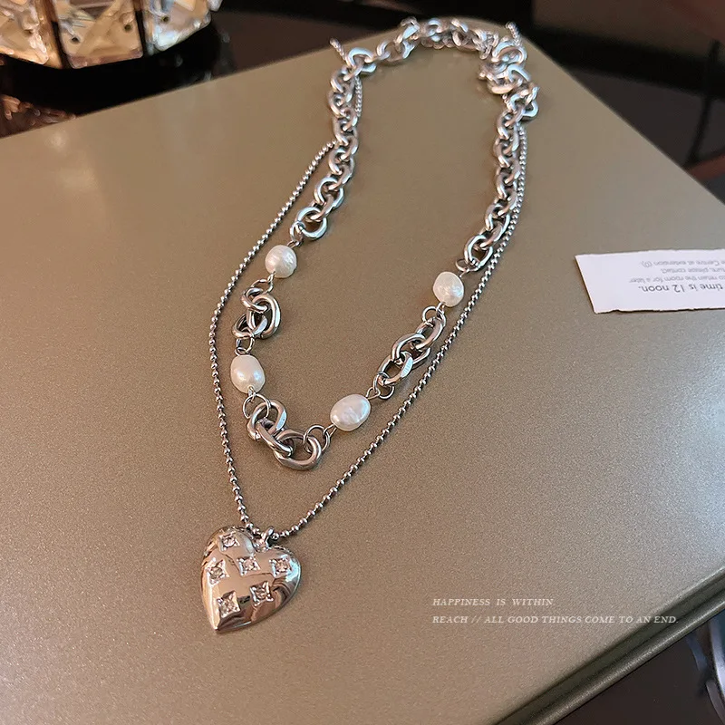 

LOVOACC Sweet Bling Rhinestones Love Heart Pendant Necklace for Women Double Layers Chunky Chain Pearls Beaded Choker Necklaces