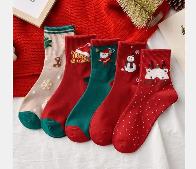 10 pairs/lot! Women Christmas Socks New Year Xmas Tree Snowflake Santa Snowmen Cotton Tube Socks Wholesale