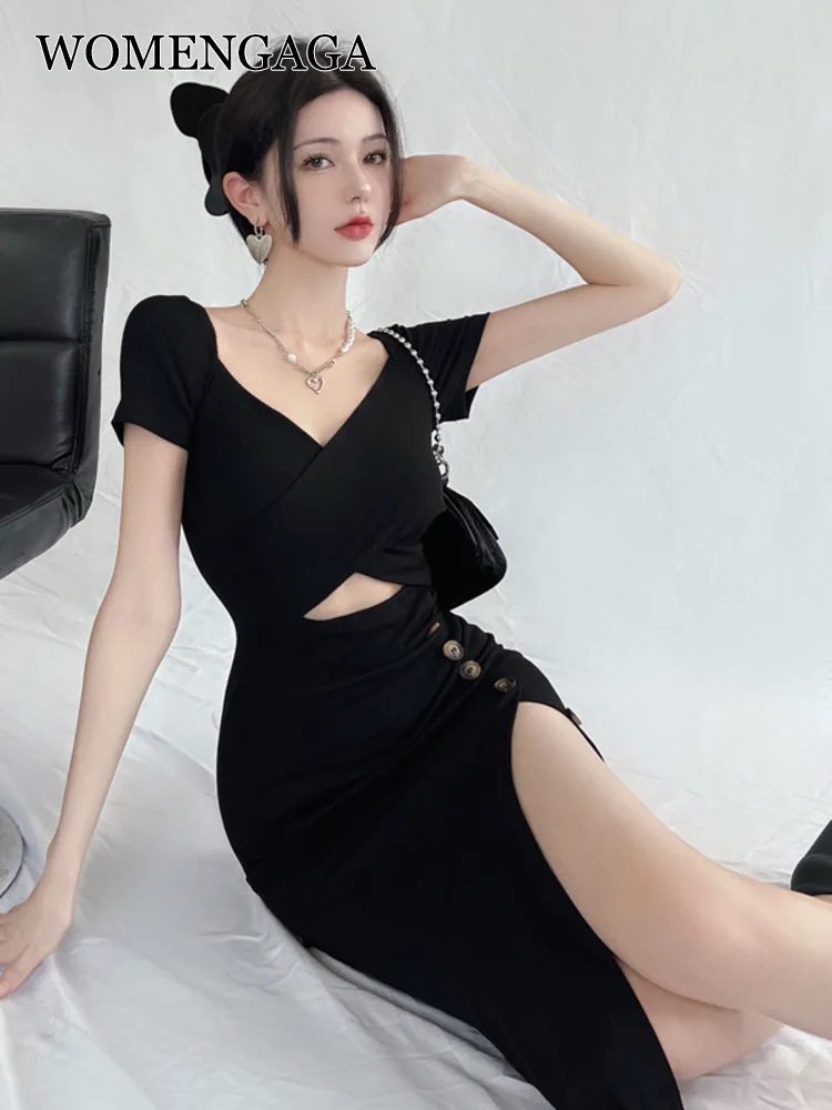 

WOMENGAGA Cross V Neck Slim Maxi Long Dress Female Split Irregular Hollow Out Dresses Hot Sexy Korean Women Robe Tops E7WR