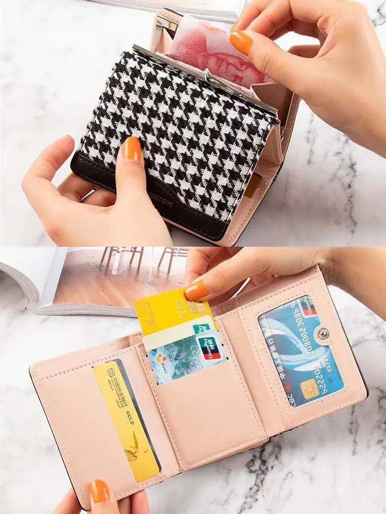 Women's Wallet Fashion Short Buckle Contrasting Color Folding Houndstooth Clutch Purse Ladies Multi-card Card Holder Coin Purse