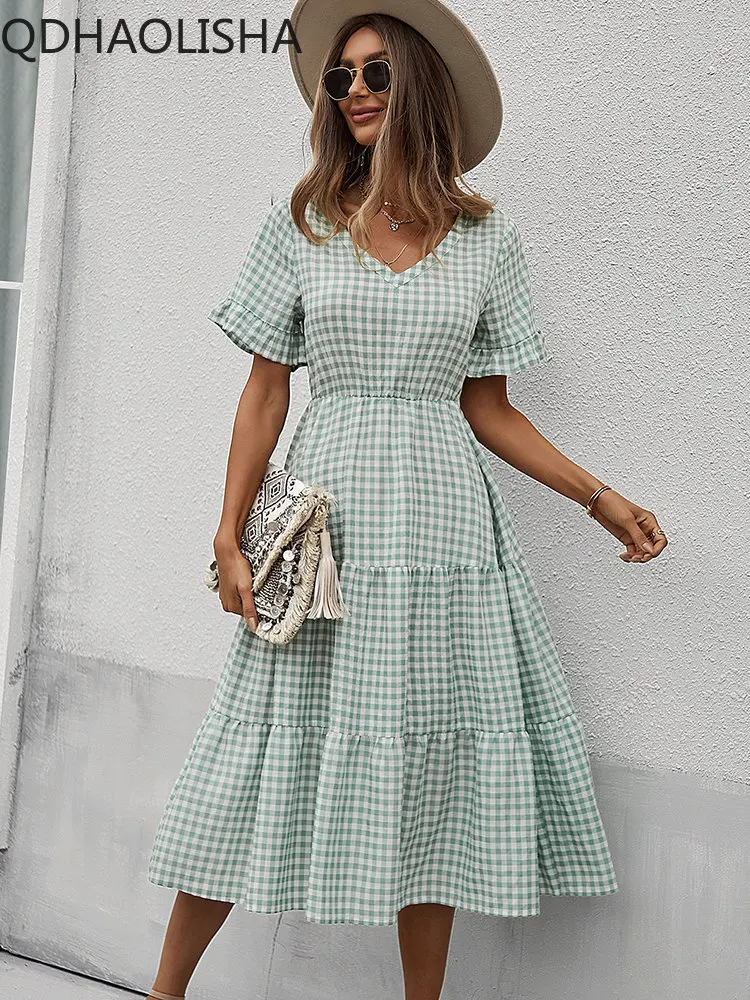 

Женское летнее платье в клетку, длинное ТРАПЕЦИЕВИДНОЕ ПЛАТЬЕ в клетку