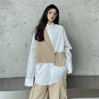 

SuperAen 2022 Spring Summer New Patchwork Streetwear Turn Down Collar Single Breasted Spliced Women Shirts