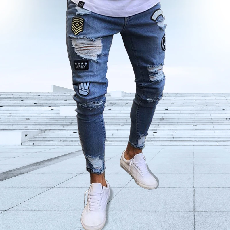 Black Jeans Men Stretchy Ripped Skinny Biker Embroidery Print Jeans Destroyed Hole Slim Fit Denim High Quality Hip Hop Pants