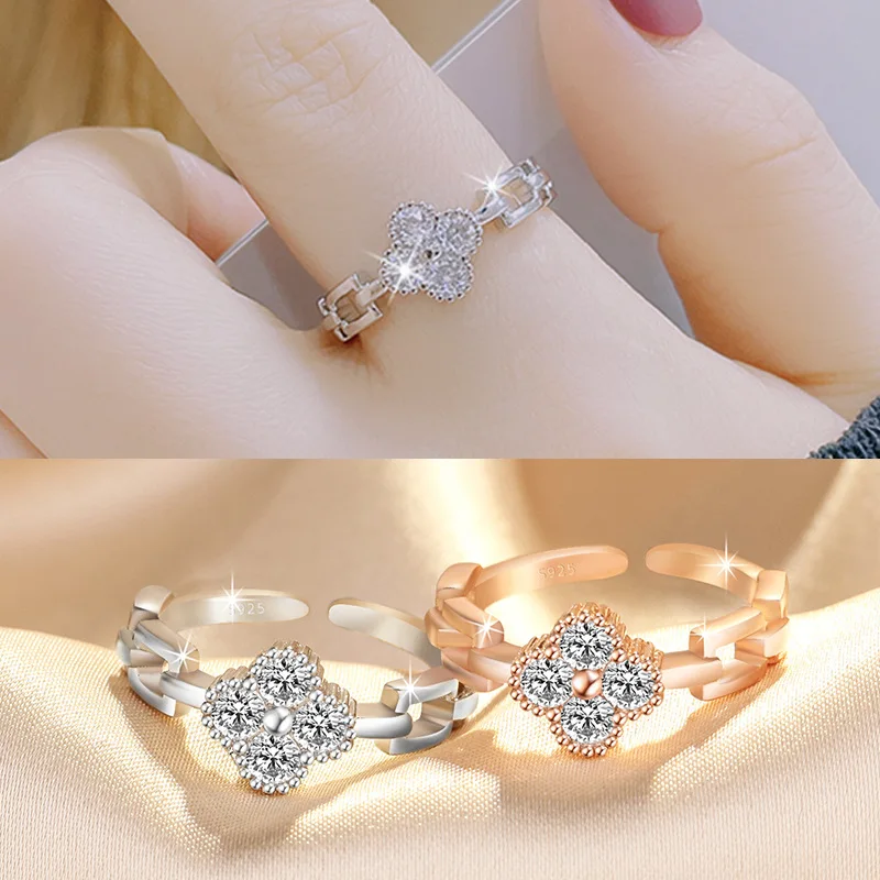 

ins Hot-Selling Jewelry Simple Small Fresh Four-Leaf Clover Flower Sweet Hand Jewelry Copper Inlaid Zircon Open Adjustable Rings