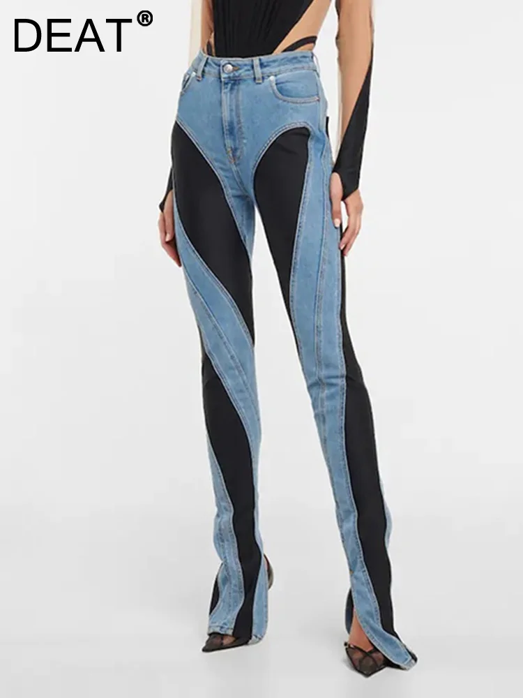 

DEAT Fashion Women's Jeans Slim Deconstruct Panelled Patchwork High Waist Split Blue Long Denim Pants Autumn 2022 New 1DF2575
