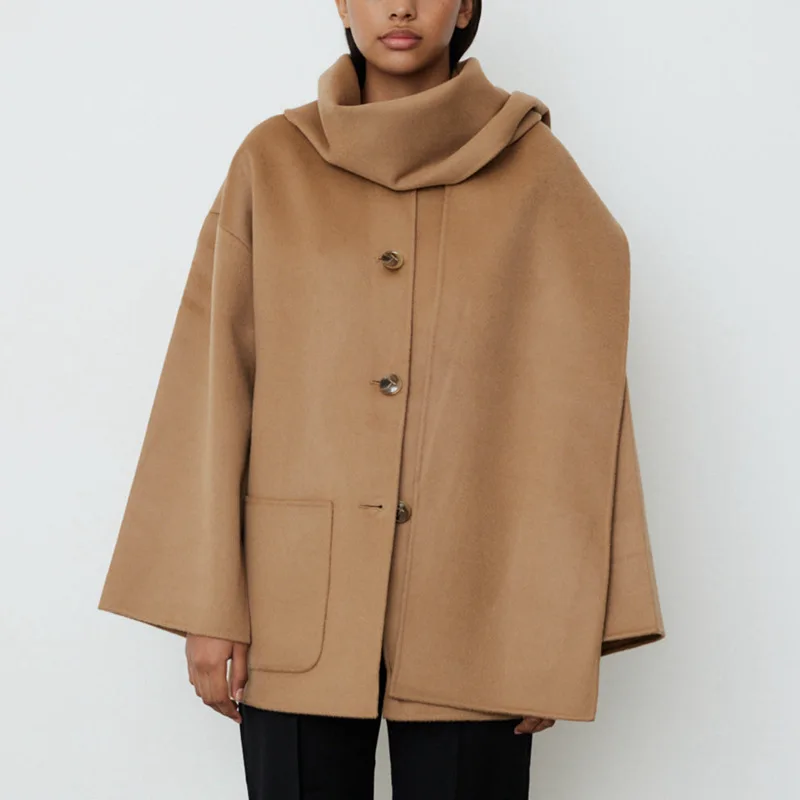 

Зимнее простое свободное короткое двустороннее шерстяное пальто с воротником-шарфом однобортная твидовая куртка пальто и куртки для женщин