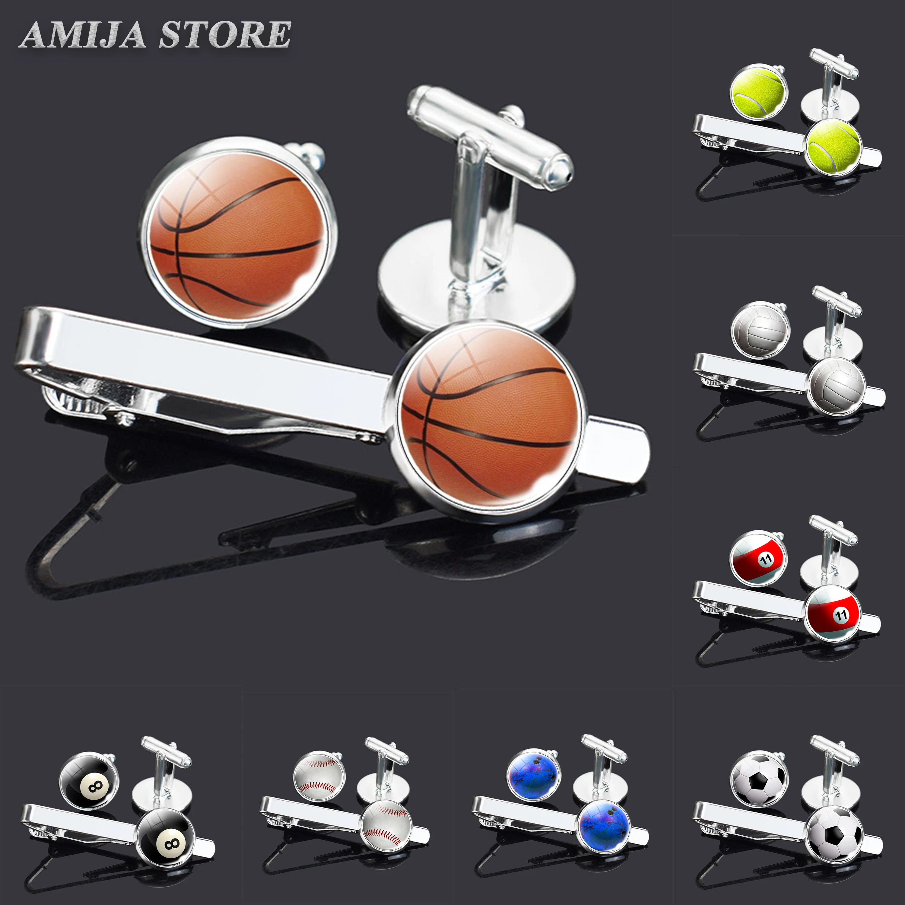Fashion Basketball Men's Tie Clips And Cufflinks Set Football Baseball Volleyball Golf Silver Color Glass Dome Jewelry For Male