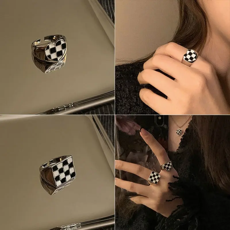 

Vintage Forefinger Ring Simple Love Heart Ring Black And White Checkerboard Checked Ring For Women Rings Fashion Ins Jewelry
