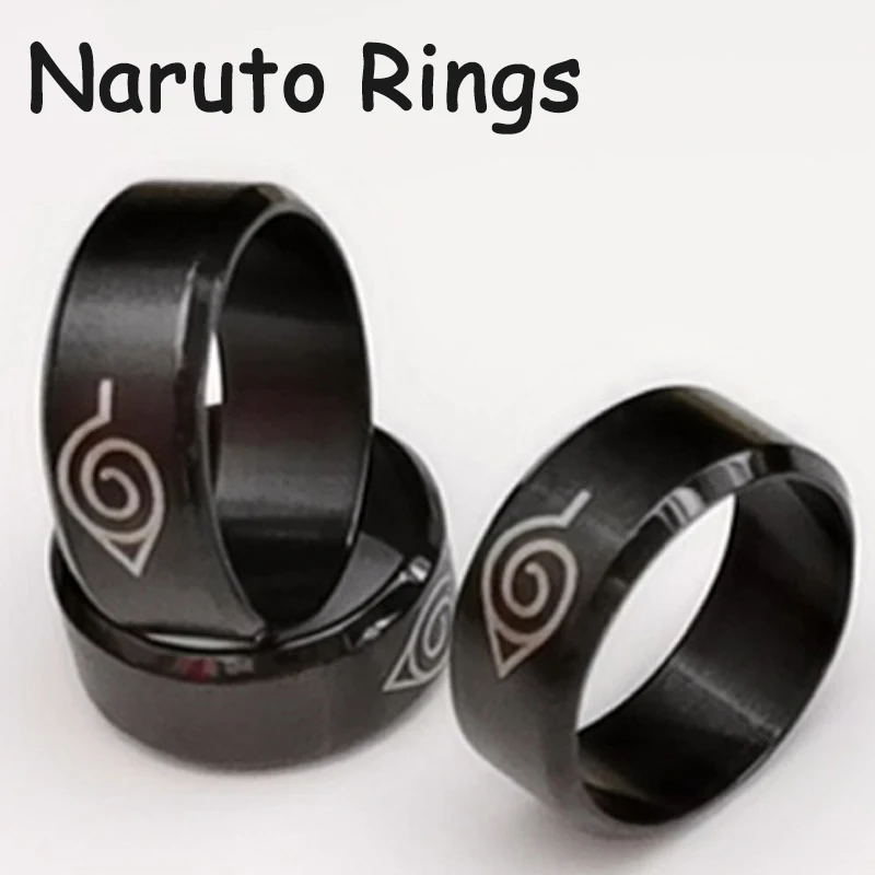 

Anime Naruto Akatsuki Ring Leaf Konoha Village Symbal Logo Sign Sasuke Ninja Black Fashion Titanium Steel Jewelry Props Gifts