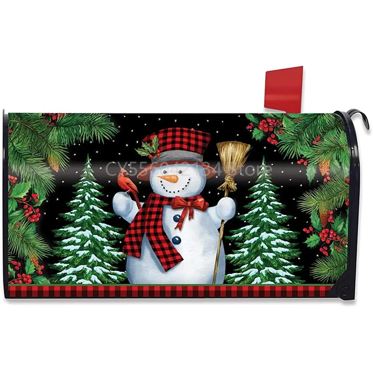 

Red Checkered Snowman Winter Magnetic Mailbox Cover Cardinal Fir Berries Standard