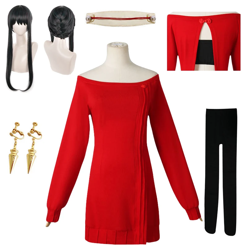 

Anime SPY X FAMILY Cosplay Yor Forger Cosplay Costume Women Casual Red Sweater Sexy Dress Suit Yor Braid Wig Halloween Costumes