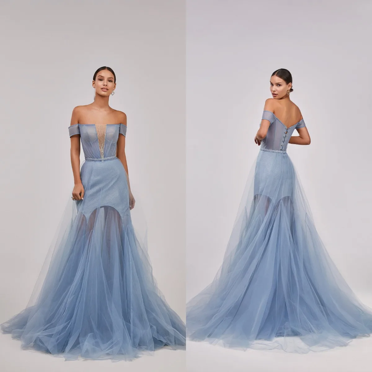 

Chic Blue Prom Dresses Illusion Beading Evening Gowns Off The Shoulder Photoshoot Formal Party Dress vestido de noche