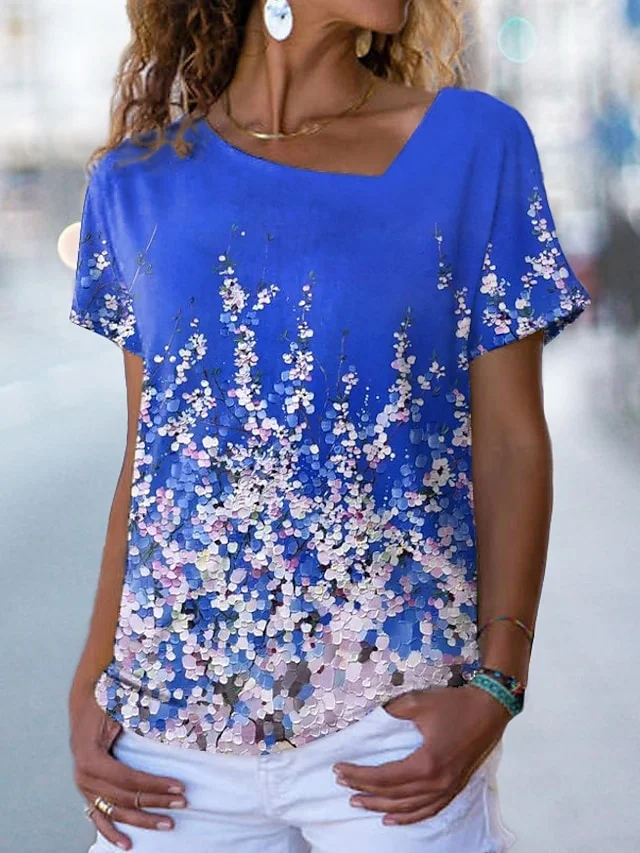 

3D Floral Print Tee Summer Fashion Women's T-shirt Holiday Weekend Tops Everyday Female Tops Loose Short Sleeve Blouse