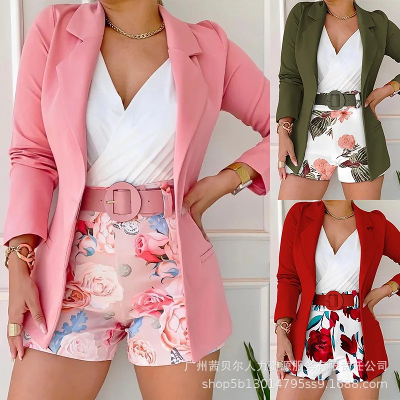 

Женский офисный костюм из двух предметов, однотонный пиджак с отложным воротником и шорты с длинным рукавом и принтом, одежда для осени, 2023