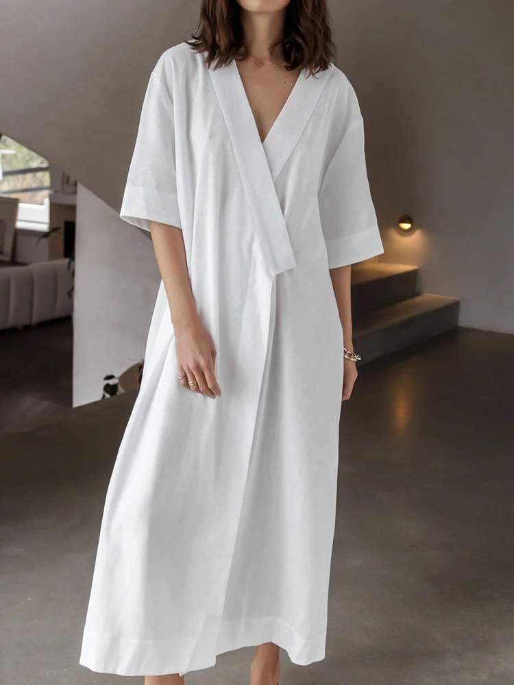 

Linad White Robes For Women Loose Half Sleeve V Neck Sleepwear Sashes Casual Bathrobe Female Autumn Nightwear Solid Pajamas