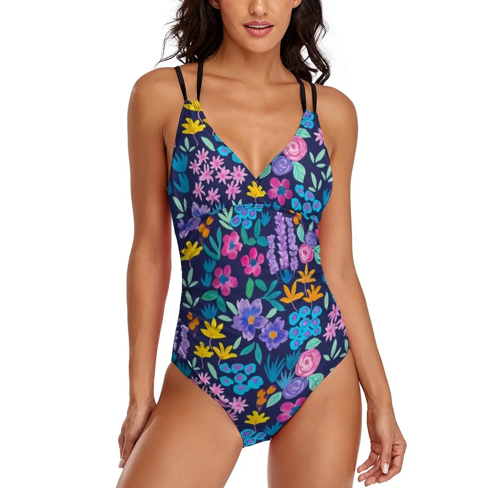 

Bright Flowers Swimsuit Vibrant Floral Pirnt Swimwear One Piece Bathing Suit Sexy Classic Fitness Bodysuit Plus Size