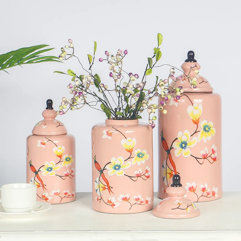 

Creative Retro Flower and Bird Ceramic Vase Craft Storage Jar Flower Arrangement Porcelain Hydroponic Vase Storage Jar with Lid