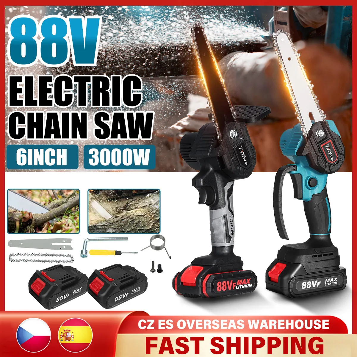 

88V 6 Inch 3000W Mini Electric Chain Saw With 2Pcs Battery Rechargeable Woodworking Pruning Saw One-handed Garden Power Tool