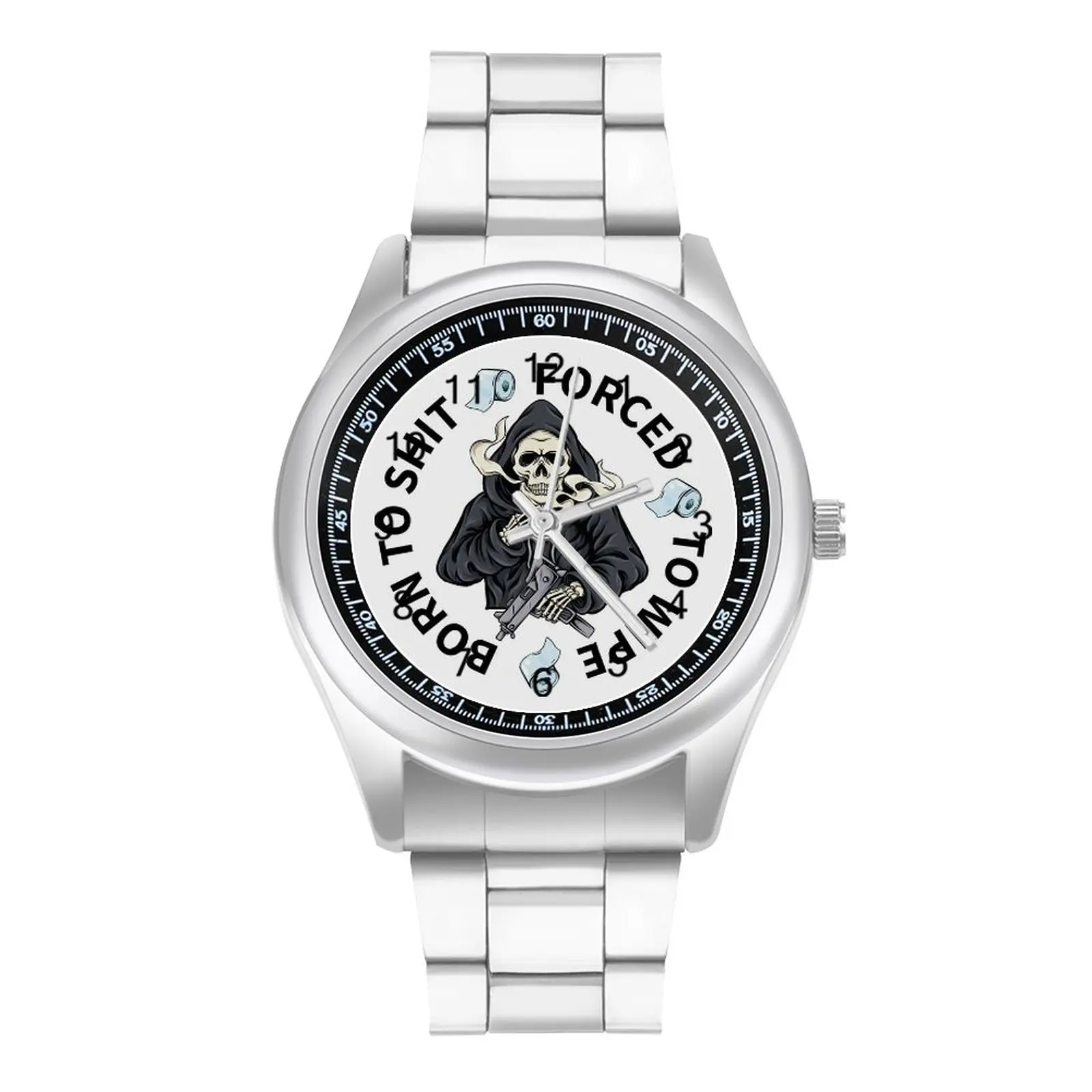 

Born to Shit Skull Quartz Watch Funny Words Business Round Wrist Watch Steel Photo High Class Boy Wristwatch