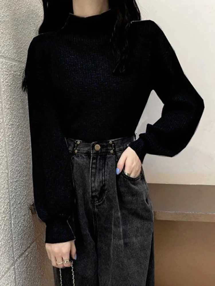 Новинка Женский вязаный пуловер с рукавами-фонариками модный офисный Однотонный