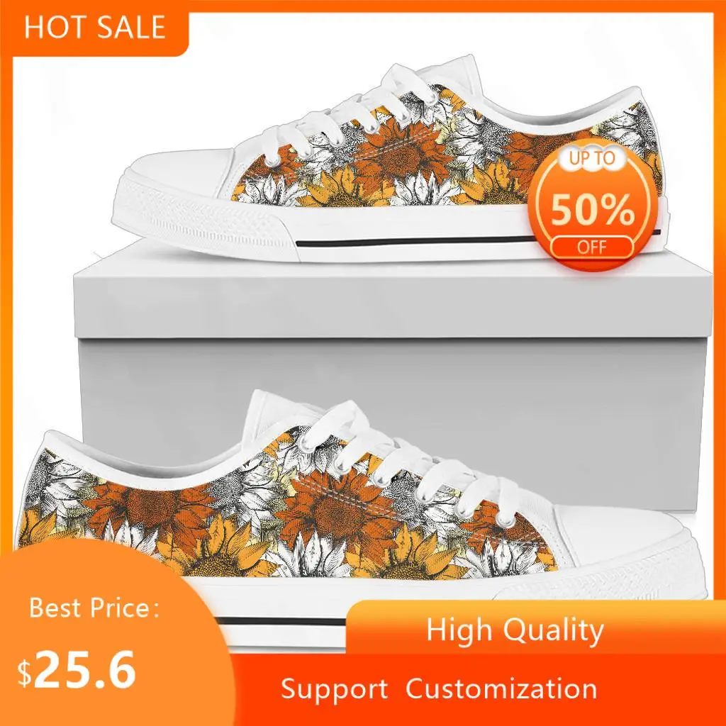 

BKQU Funny Art Sunflowers Leisual Flat Shoes For Women Black White Light Breathable Lace up Canvas Sneakers schoenen dames