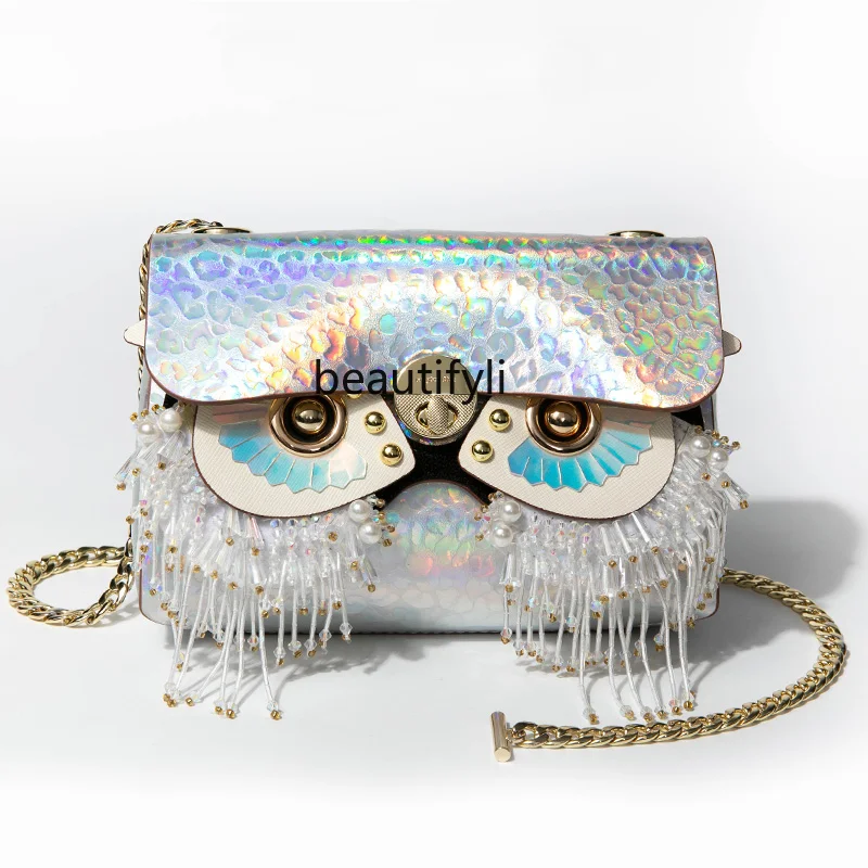 

zq Fashion Owl Tassel Mask Cowhide Face Changing Bag Chain Bag