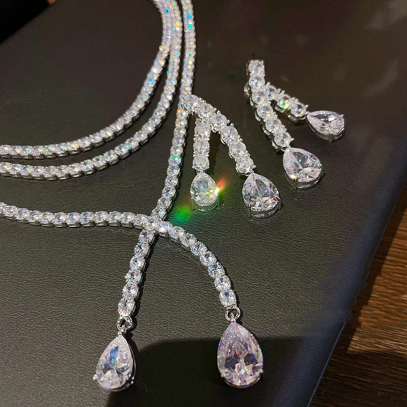 

Модные роскошные женские ювелирные изделия из серебра 925 пробы с искусственным цирконием, ожерелье-чокер с подвеской, набор ювелирных издел...