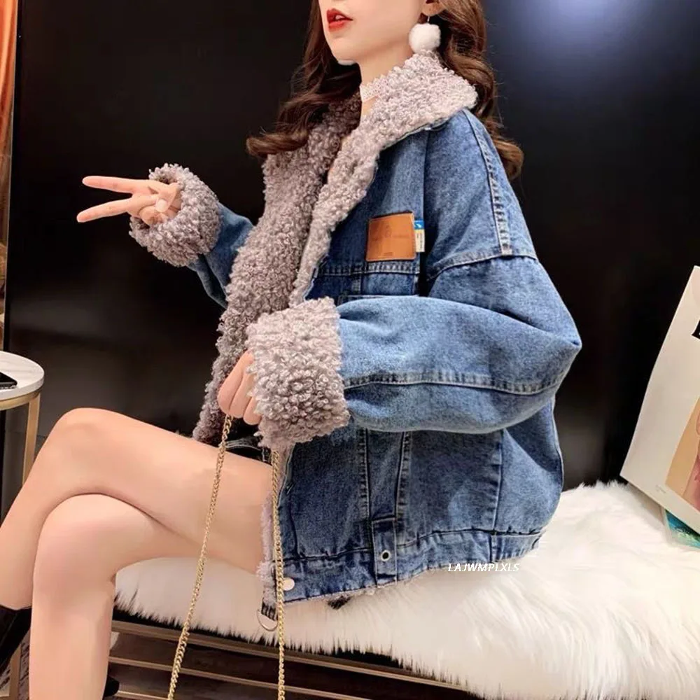 Fried Street Lambswool Cowboy Coat Women's Autumn Winter 2022 New Korean Loose Women's Denim Jacket Plus Velvet Overcoat Female