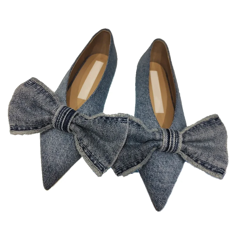 2023 Spring and Summer New Niche Pointed Toe Big Bow Flat Shoes Denim Shallow Mouth Pumps Women