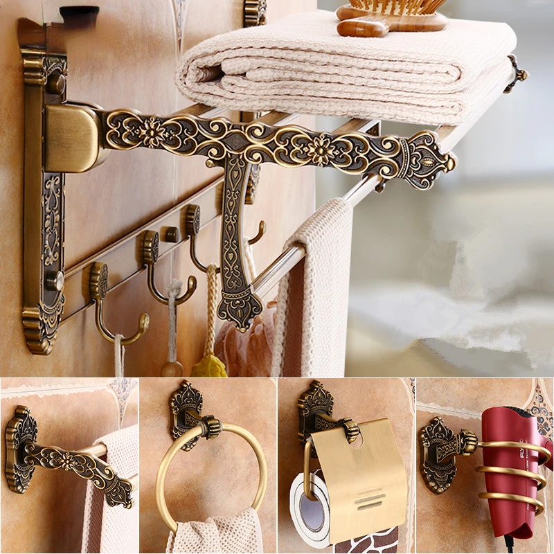 

Набор аксессуаров для ванной комнаты, старинный Бронзовый резной Алюминиевый Комплект оборудования для ванной комнаты, вешалка для полоте...