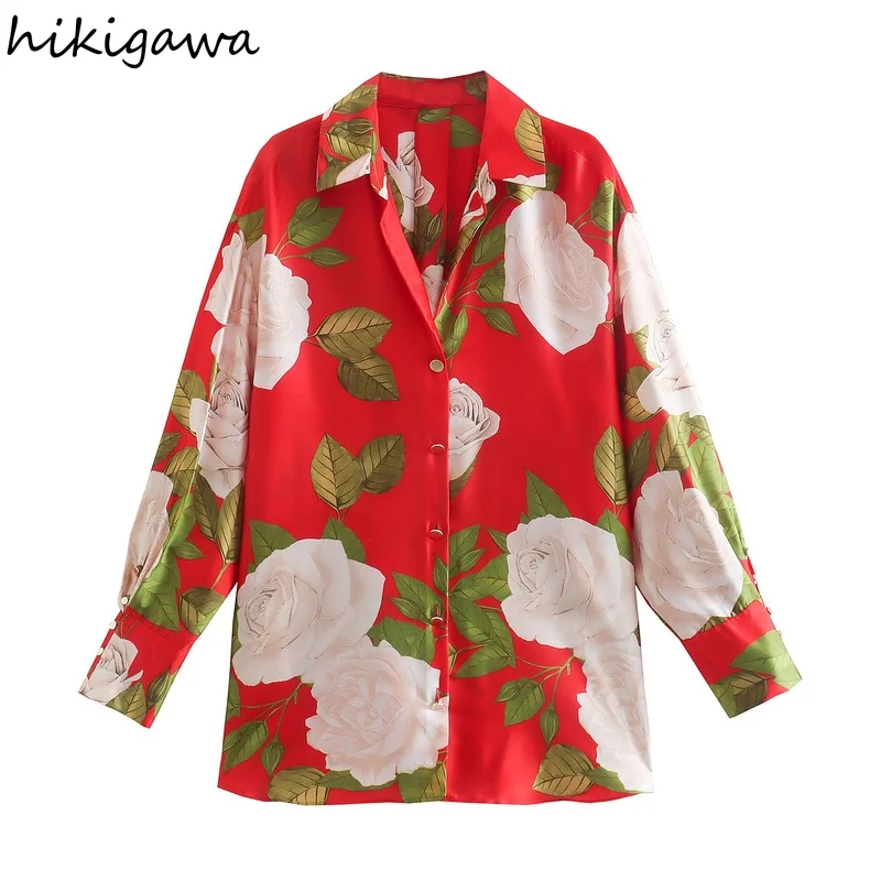 

Hikigawa Women Fashion With Floral Print Button-Up Shirts Vintage Long Sleeve Casual Female Blouses Chic Tops Mujer