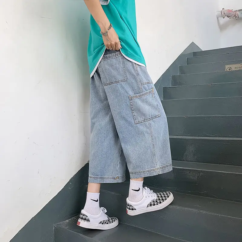 Men Loose Pants Couple Pants All-match Wide-leg Women Cropped Jeans Overalls Teen Casual Trousers For Boys Clothes Summer 2022