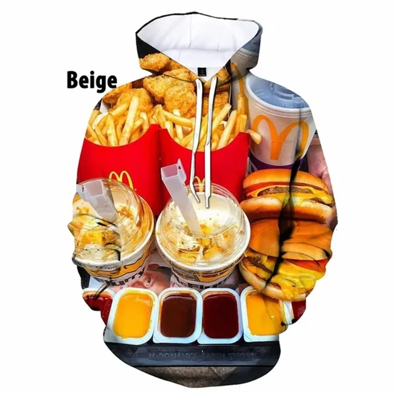 

Новые модные толстовки с капюшоном с изображением гамбургера, картошки фри, курицы, накидки, толстовки с 3D принтом для мужчин и женщин, Повседневная Уличная одежда, спортивная одежда, топы