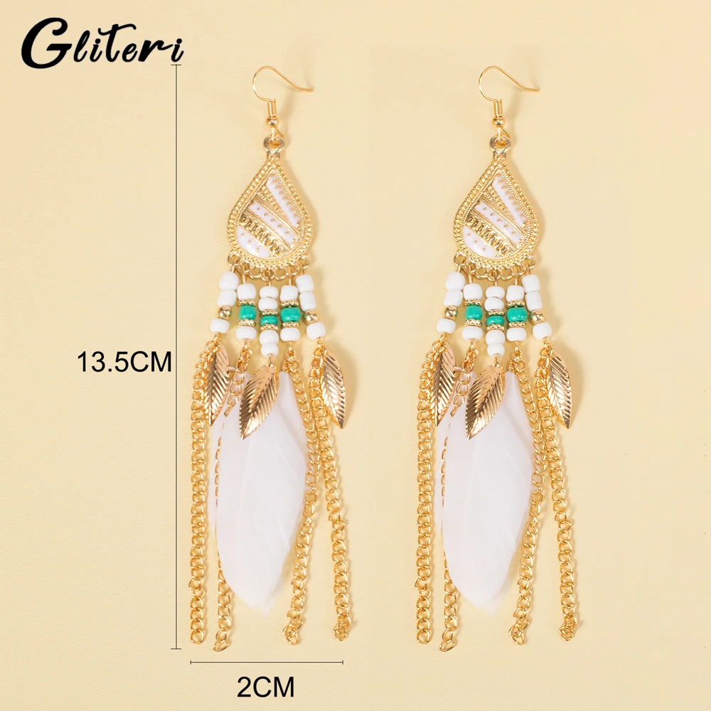 GEITERI Bohemia Water Drop Feather Tassels Earrings For Women Girls Classic Gold Color Beads Drop Earring Jewelry Party Gifts